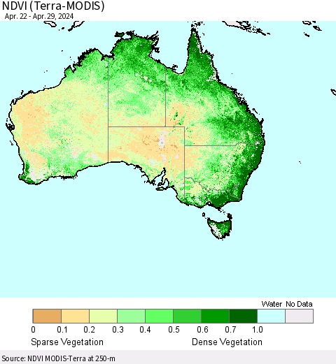 Australia NDVI (Terra-MODIS) Thematic Map For 4/22/2024 - 4/29/2024