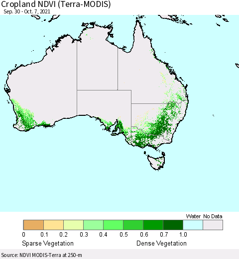 Australia Cropland NDVI (Terra-MODIS) Thematic Map For 9/30/2021 - 10/7/2021
