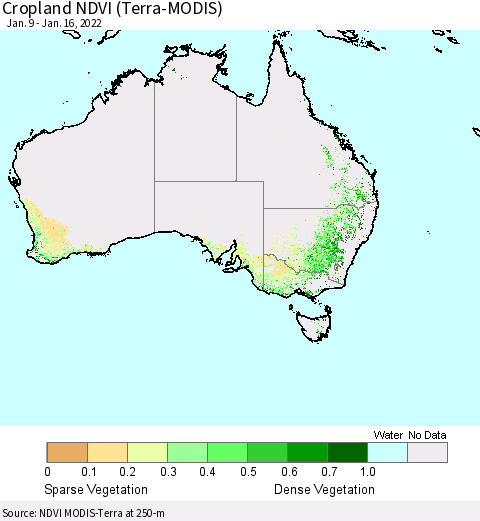 Australia Cropland NDVI (Terra-MODIS) Thematic Map For 1/9/2022 - 1/16/2022