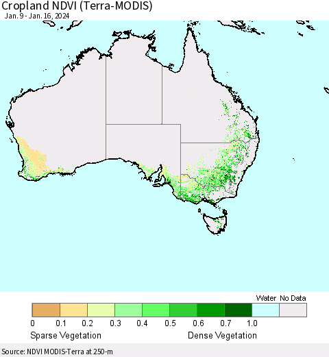 Australia Cropland NDVI (Terra-MODIS) Thematic Map For 1/9/2024 - 1/16/2024
