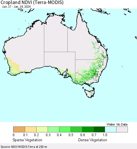 Australia Cropland NDVI (Terra-MODIS) Thematic Map For 1/17/2024 - 1/24/2024