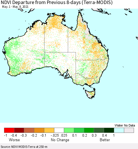 Australia NDVI Departure from Previous 8-days (Terra-MODIS) Thematic Map For 5/1/2021 - 5/8/2021