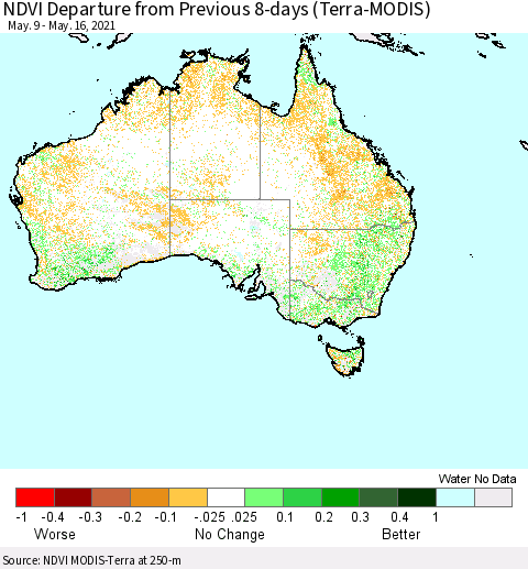 Australia NDVI Departure from Previous 8-days (Terra-MODIS) Thematic Map For 5/9/2021 - 5/16/2021