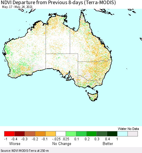 Australia NDVI Departure from Previous 8-days (Terra-MODIS) Thematic Map For 5/17/2021 - 5/24/2021