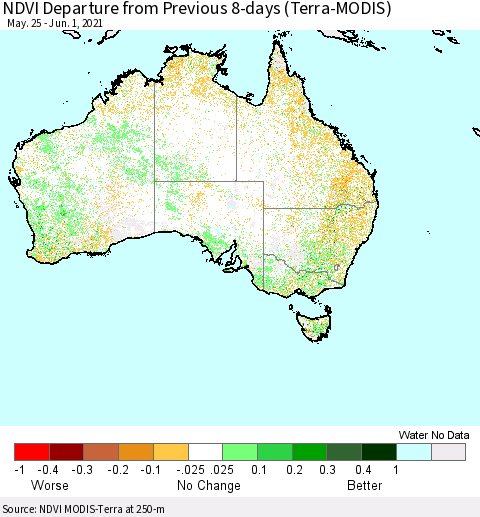 Australia NDVI Departure from Previous 8-days (Terra-MODIS) Thematic Map For 5/25/2021 - 6/1/2021