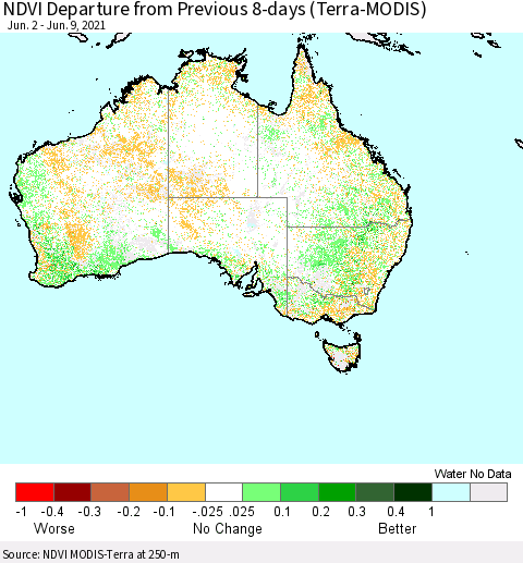 Australia NDVI Departure from Previous 8-days (Terra-MODIS) Thematic Map For 6/2/2021 - 6/9/2021