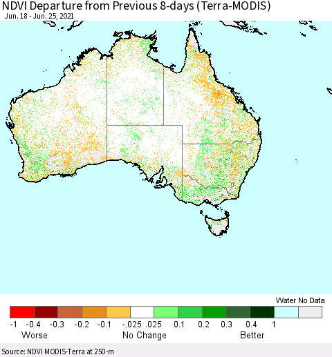 Australia NDVI Departure from Previous 8-days (Terra-MODIS) Thematic Map For 6/18/2021 - 6/25/2021
