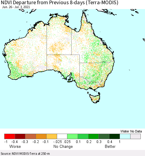 Australia NDVI Departure from Previous 8-days (Terra-MODIS) Thematic Map For 6/26/2021 - 7/3/2021