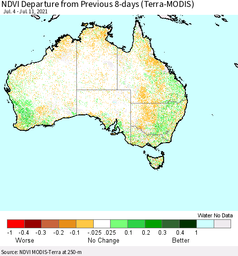Australia NDVI Departure from Previous 8-days (Terra-MODIS) Thematic Map For 7/4/2021 - 7/11/2021