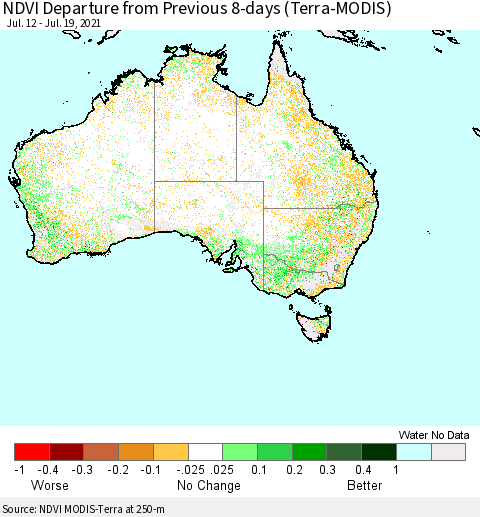 Australia NDVI Departure from Previous 8-days (Terra-MODIS) Thematic Map For 7/12/2021 - 7/19/2021