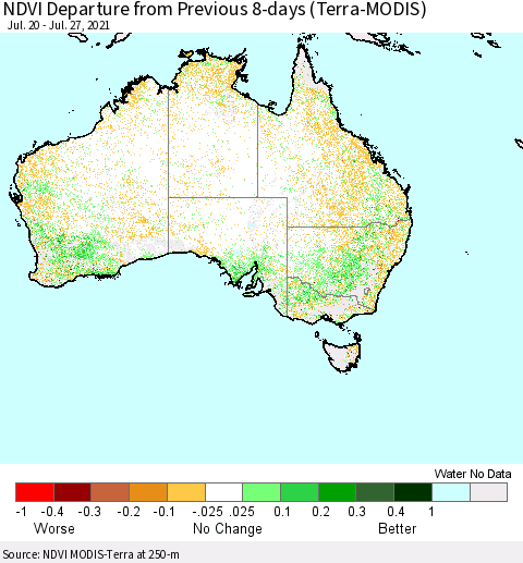 Australia NDVI Departure from Previous 8-days (Terra-MODIS) Thematic Map For 7/20/2021 - 7/27/2021