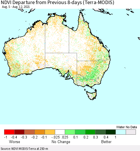 Australia NDVI Departure from Previous 8-days (Terra-MODIS) Thematic Map For 8/5/2021 - 8/12/2021