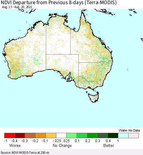 Australia NDVI Departure from Previous 8-days (Terra-MODIS) Thematic Map For 8/13/2021 - 8/20/2021