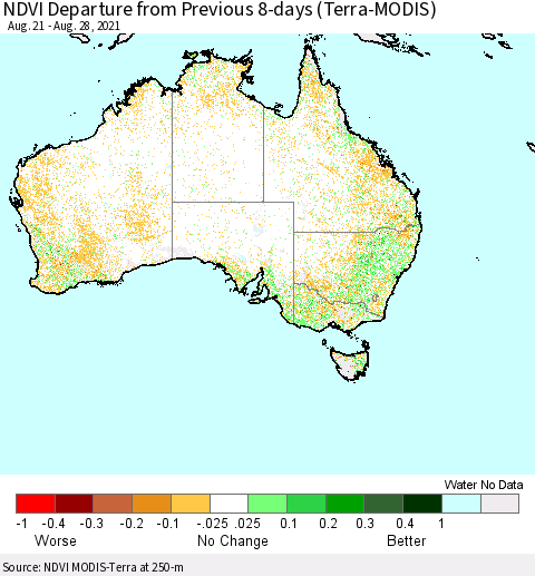 Australia NDVI Departure from Previous 8-days (Terra-MODIS) Thematic Map For 8/21/2021 - 8/28/2021