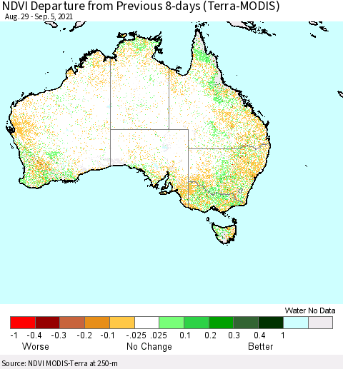 Australia NDVI Departure from Previous 8-days (Terra-MODIS) Thematic Map For 8/29/2021 - 9/5/2021