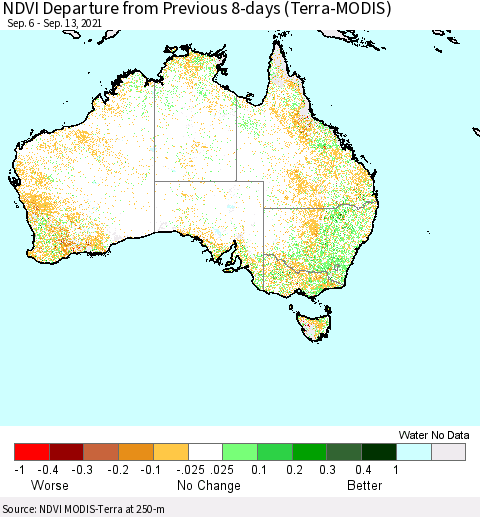 Australia NDVI Departure from Previous 8-days (Terra-MODIS) Thematic Map For 9/6/2021 - 9/13/2021