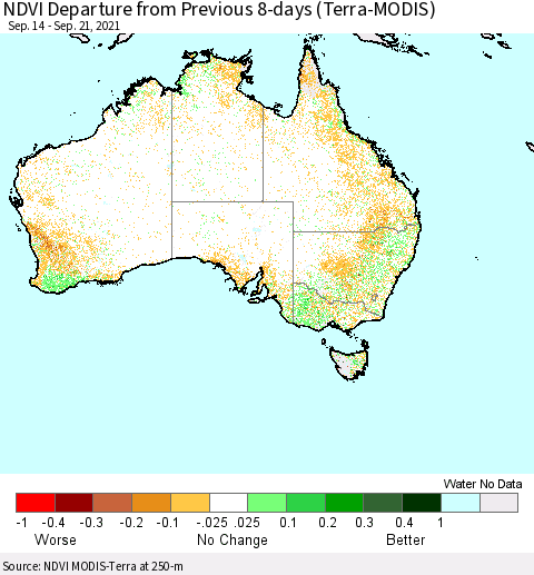 Australia NDVI Departure from Previous 8-days (Terra-MODIS) Thematic Map For 9/14/2021 - 9/21/2021