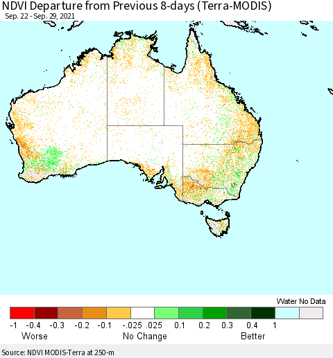 Australia NDVI Departure from Previous 8-days (Terra-MODIS) Thematic Map For 9/22/2021 - 9/29/2021
