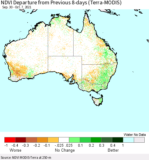Australia NDVI Departure from Previous 8-days (Terra-MODIS) Thematic Map For 9/30/2021 - 10/7/2021