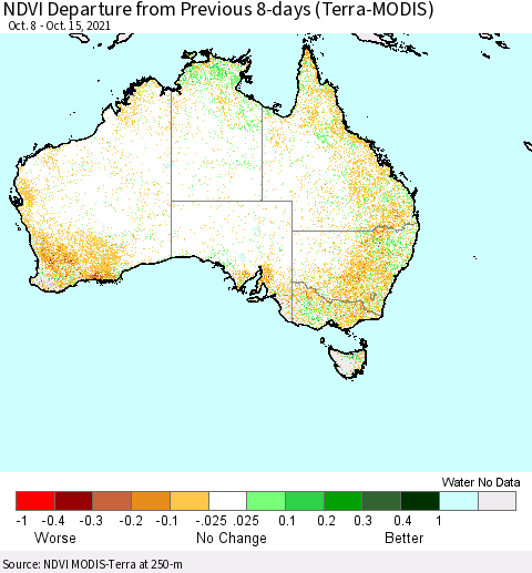 Australia NDVI Departure from Previous 8-days (Terra-MODIS) Thematic Map For 10/8/2021 - 10/15/2021
