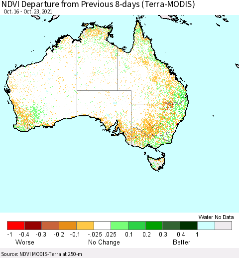 Australia NDVI Departure from Previous 8-days (Terra-MODIS) Thematic Map For 10/16/2021 - 10/23/2021