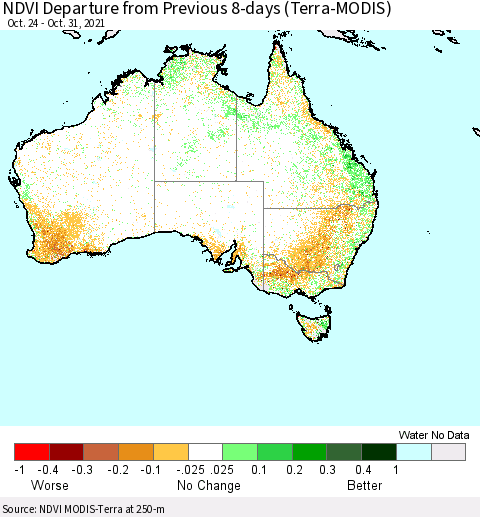 Australia NDVI Departure from Previous 8-days (Terra-MODIS) Thematic Map For 10/24/2021 - 10/31/2021