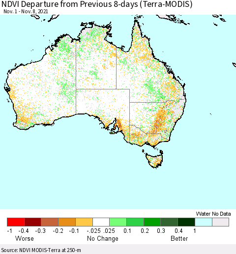 Australia NDVI Departure from Previous 8-days (Terra-MODIS) Thematic Map For 11/1/2021 - 11/8/2021