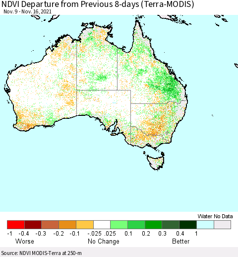 Australia NDVI Departure from Previous 8-days (Terra-MODIS) Thematic Map For 11/9/2021 - 11/16/2021
