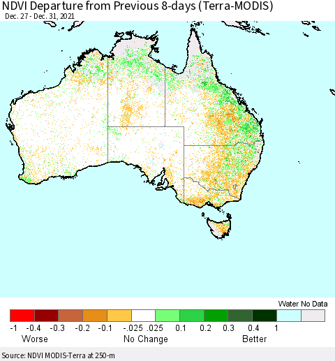 Australia NDVI Departure from Previous 8-days (Terra-MODIS) Thematic Map For 12/26/2021 - 1/2/2022