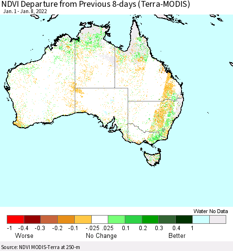 Australia NDVI Departure from Previous 8-days (Terra-MODIS) Thematic Map For 1/1/2022 - 1/8/2022