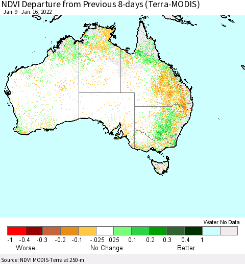 Australia NDVI Departure from Previous 8-days (Terra-MODIS) Thematic Map For 1/9/2022 - 1/16/2022