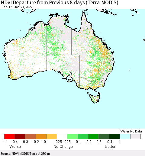 Australia NDVI Departure from Previous 8-days (Terra-MODIS) Thematic Map For 1/17/2022 - 1/24/2022
