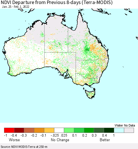 Australia NDVI Departure from Previous 8-days (Terra-MODIS) Thematic Map For 1/25/2022 - 2/1/2022