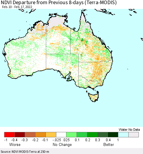 Australia NDVI Departure from Previous 8-days (Terra-MODIS) Thematic Map For 2/10/2022 - 2/17/2022