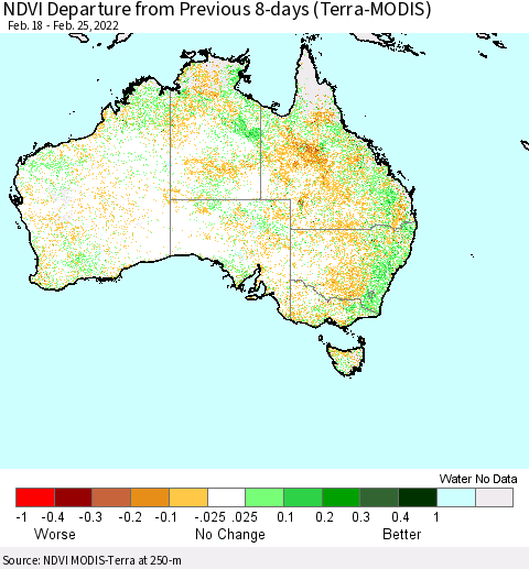 Australia NDVI Departure from Previous 8-days (Terra-MODIS) Thematic Map For 2/18/2022 - 2/25/2022
