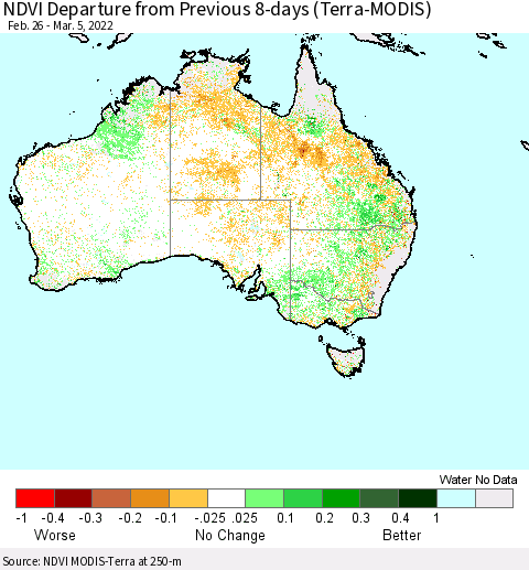 Australia NDVI Departure from Previous 8-days (Terra-MODIS) Thematic Map For 2/26/2022 - 3/5/2022