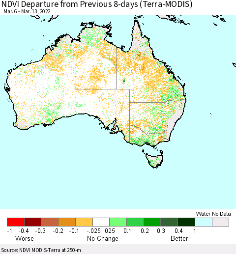 Australia NDVI Departure from Previous 8-days (Terra-MODIS) Thematic Map For 3/6/2022 - 3/13/2022