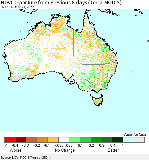 Australia NDVI Departure from Previous 8-days (Terra-MODIS) Thematic Map For 3/14/2022 - 3/21/2022