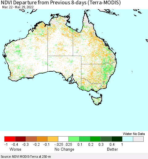 Australia NDVI Departure from Previous 8-days (Terra-MODIS) Thematic Map For 3/22/2022 - 3/29/2022