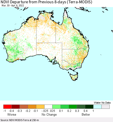 Australia NDVI Departure from Previous 8-days (Terra-MODIS) Thematic Map For 3/30/2022 - 4/6/2022
