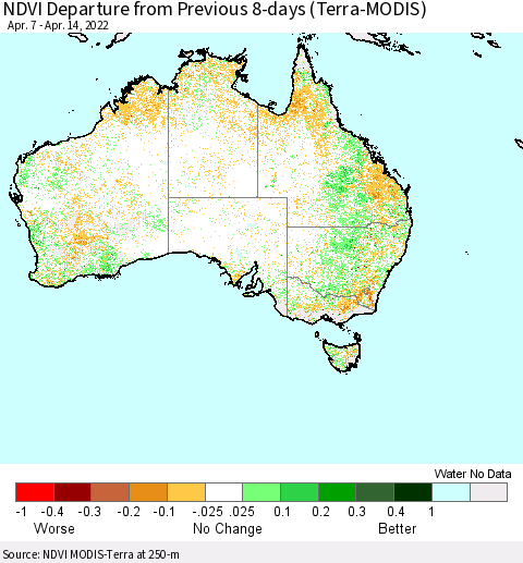 Australia NDVI Departure from Previous 8-days (Terra-MODIS) Thematic Map For 4/7/2022 - 4/14/2022