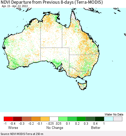 Australia NDVI Departure from Previous 8-days (Terra-MODIS) Thematic Map For 4/15/2022 - 4/22/2022