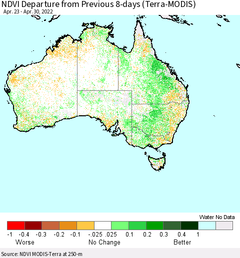 Australia NDVI Departure from Previous 8-days (Terra-MODIS) Thematic Map For 4/23/2022 - 4/30/2022