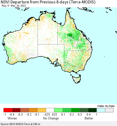Australia NDVI Departure from Previous 8-days (Terra-MODIS) Thematic Map For 5/9/2022 - 5/16/2022