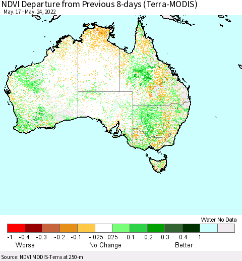 Australia NDVI Departure from Previous 8-days (Terra-MODIS) Thematic Map For 5/17/2022 - 5/24/2022