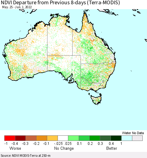 Australia NDVI Departure from Previous 8-days (Terra-MODIS) Thematic Map For 5/25/2022 - 6/1/2022