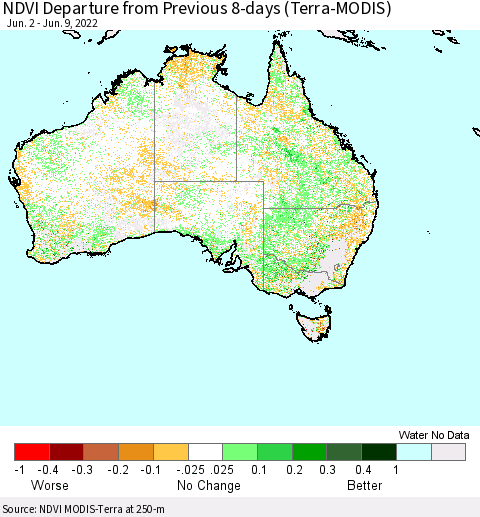 Australia NDVI Departure from Previous 8-days (Terra-MODIS) Thematic Map For 6/2/2022 - 6/9/2022