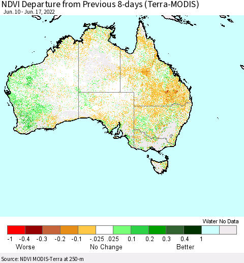 Australia NDVI Departure from Previous 8-days (Terra-MODIS) Thematic Map For 6/10/2022 - 6/17/2022