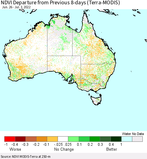 Australia NDVI Departure from Previous 8-days (Terra-MODIS) Thematic Map For 6/26/2022 - 7/3/2022
