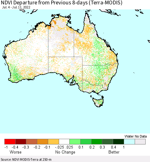 Australia NDVI Departure from Previous 8-days (Terra-MODIS) Thematic Map For 7/4/2022 - 7/11/2022